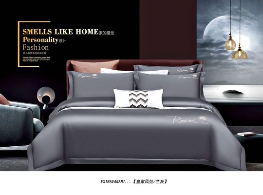 Solid Grey Egyptian Cotton Embroidery Duvet Cover Bed Linen Set Rumah Tekstil